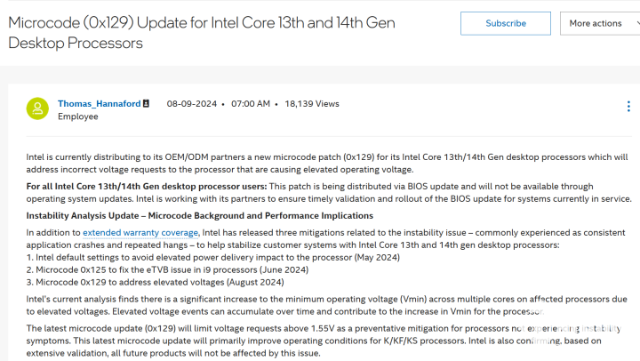 英特尔发布0x129微代码 修复电压异常升高问题